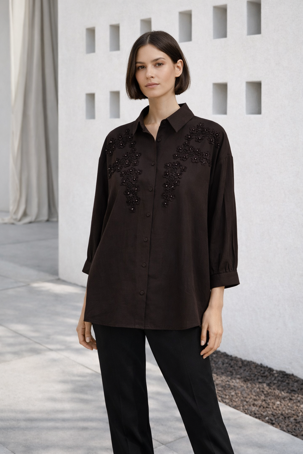 Şık Aplikeli Tunik 260141 - Kahve