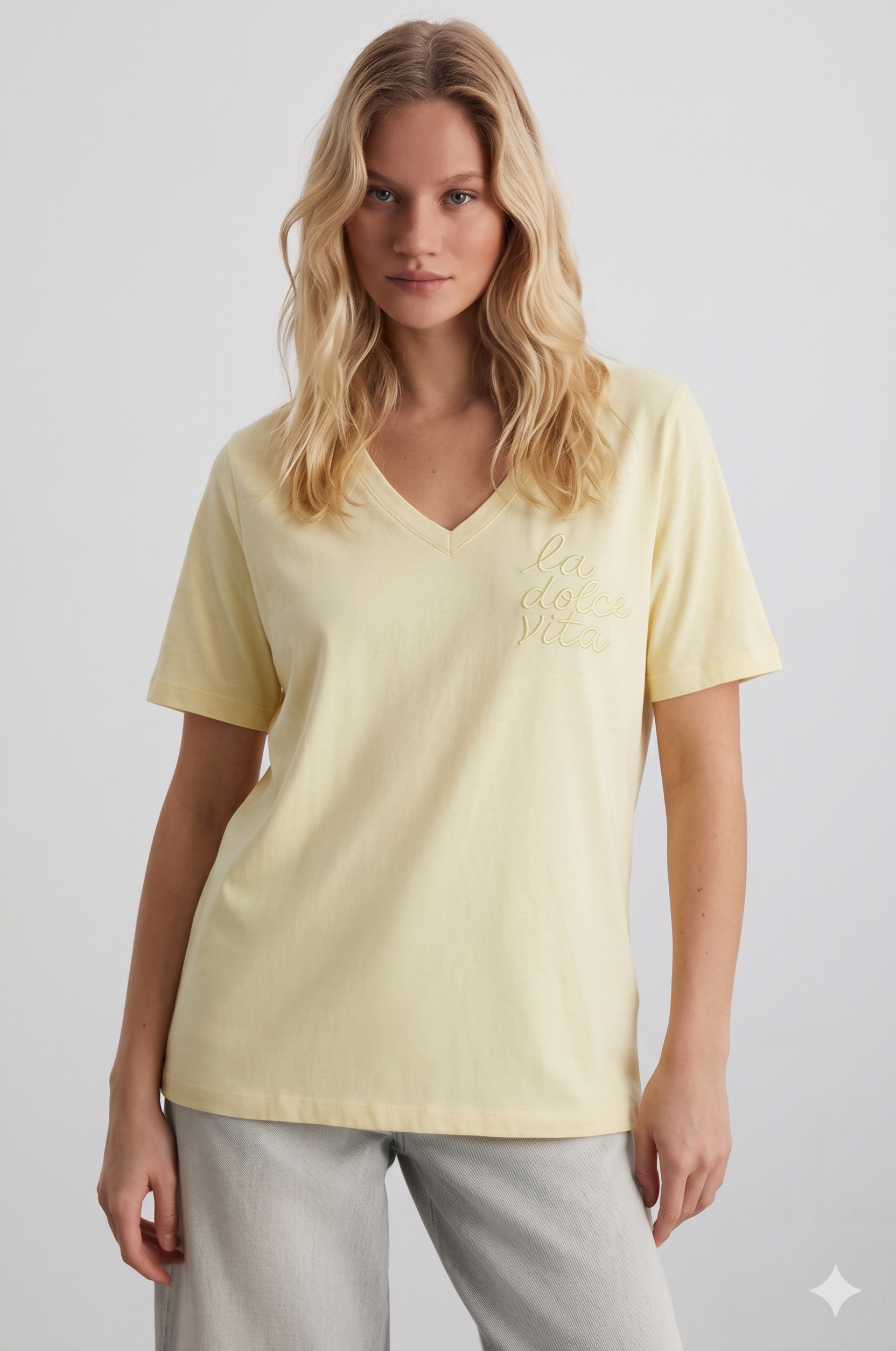 La Dolche Vita Yazılı V Yaka Tshirt 4044 - Sarı