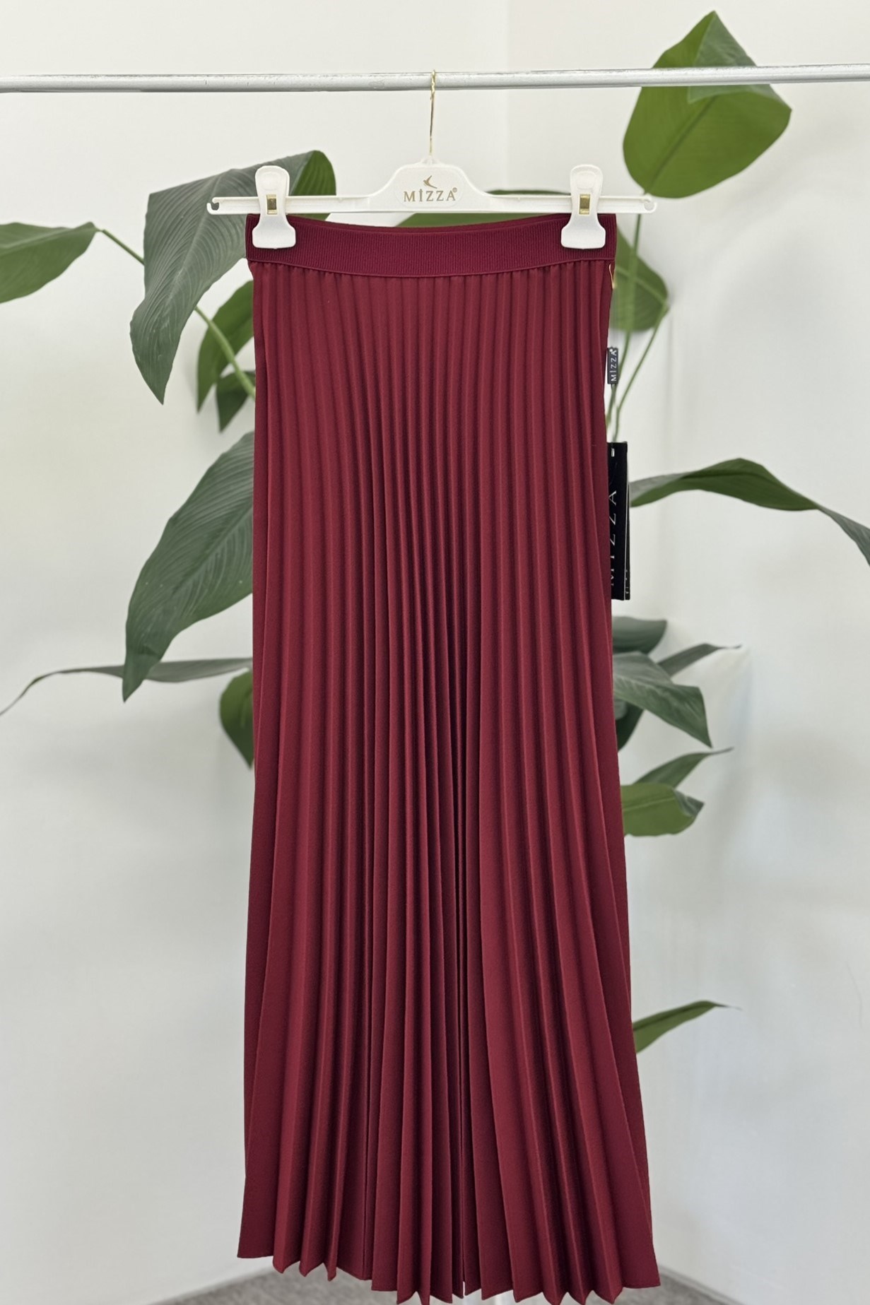 Beli Lastikli Pliseli Etek 3015 - Bordo