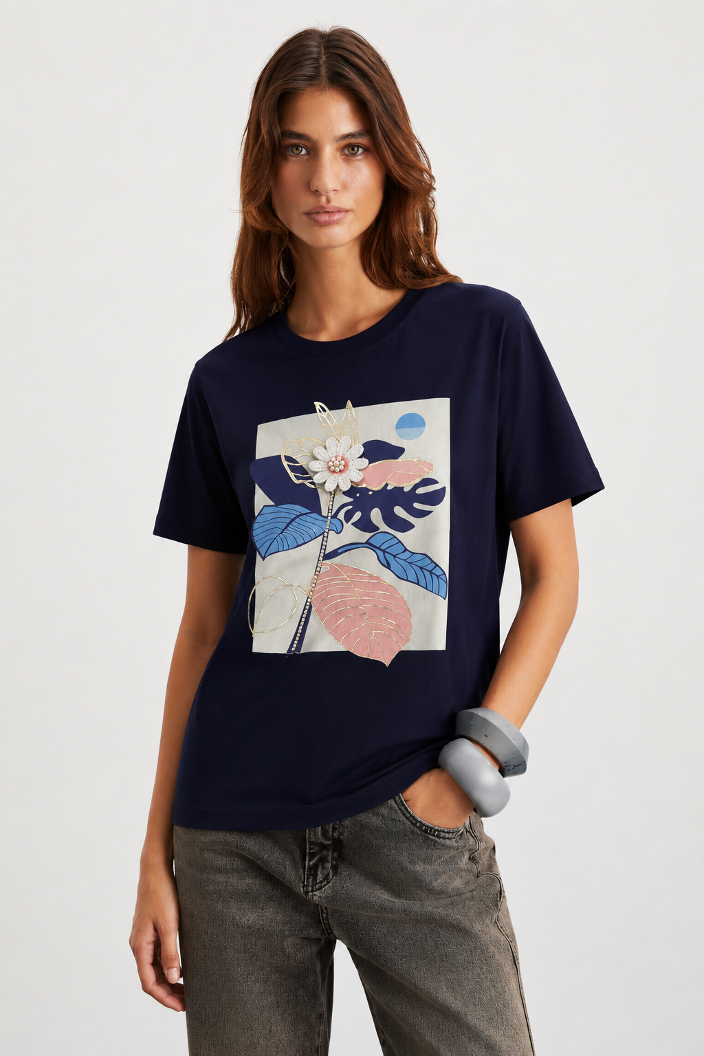 Papatyası İnci İşlemeli Tshirt 4035 - Lacivert