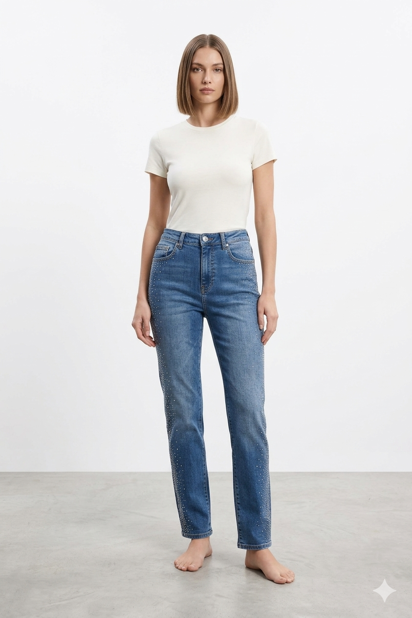 Yan Damla Taş İşlemeli Mom Pantolon 0291-YT - Kahve Tint