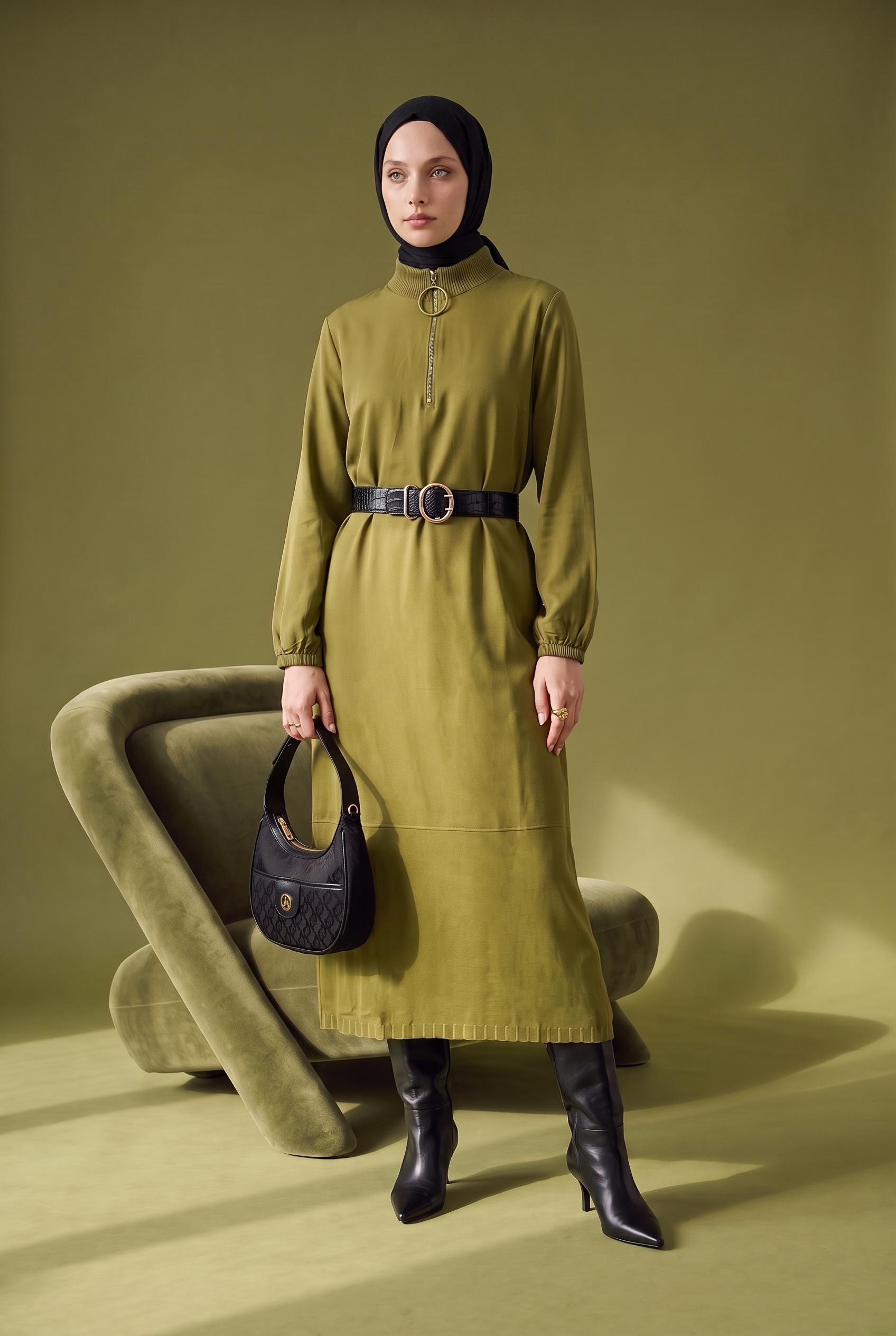 Armine Trend 26KTD905 Yarım Fermuar Detaylı Elbise Yağ Yeşili Elbise ARMİNE TREND 