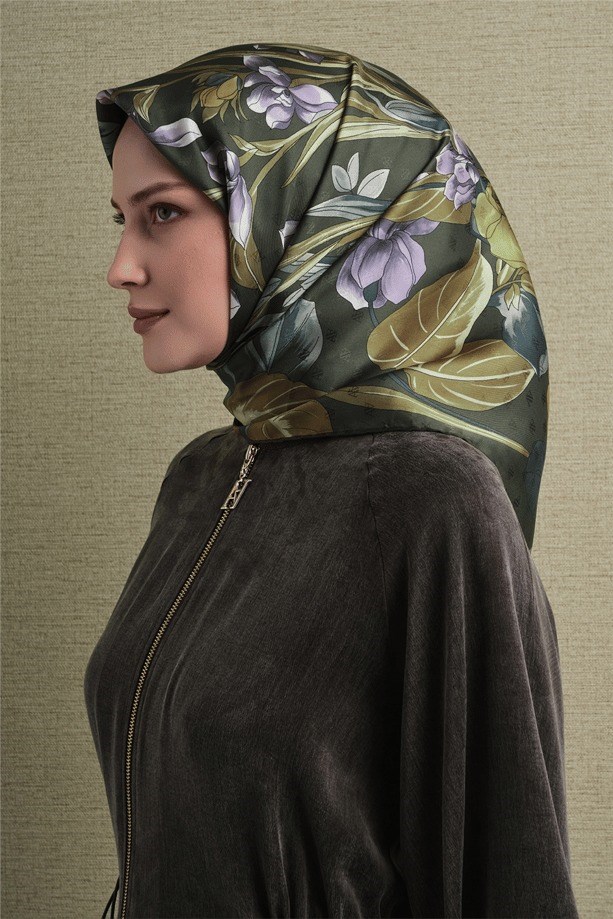 Armine Dj Saf Jakar İpek Eşarp 9608D (J) - Yağ Yeşili Eşarp ARMİNE 