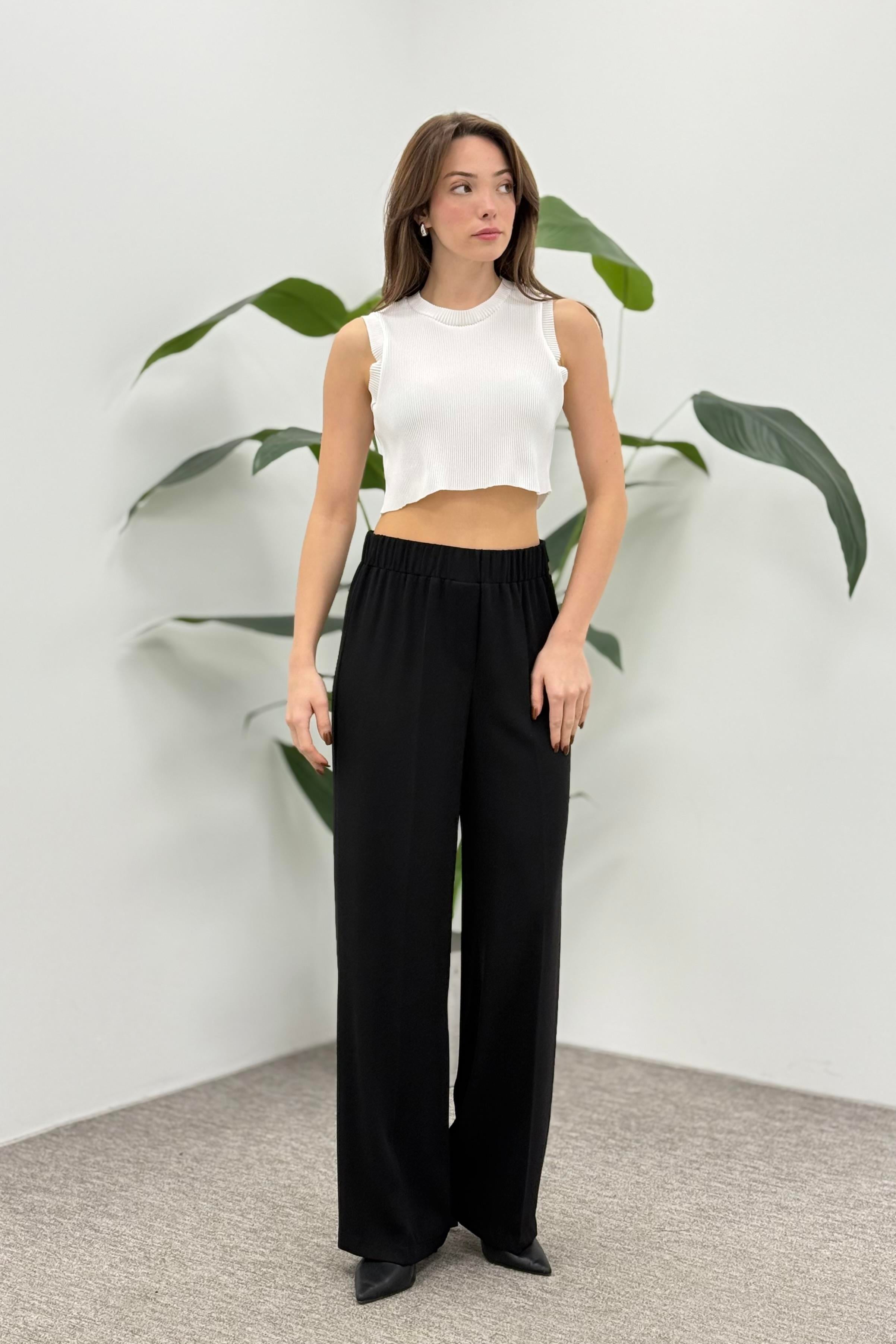Beli Lastikli Bol Paça Krep Pantolon 1017 - Siyah