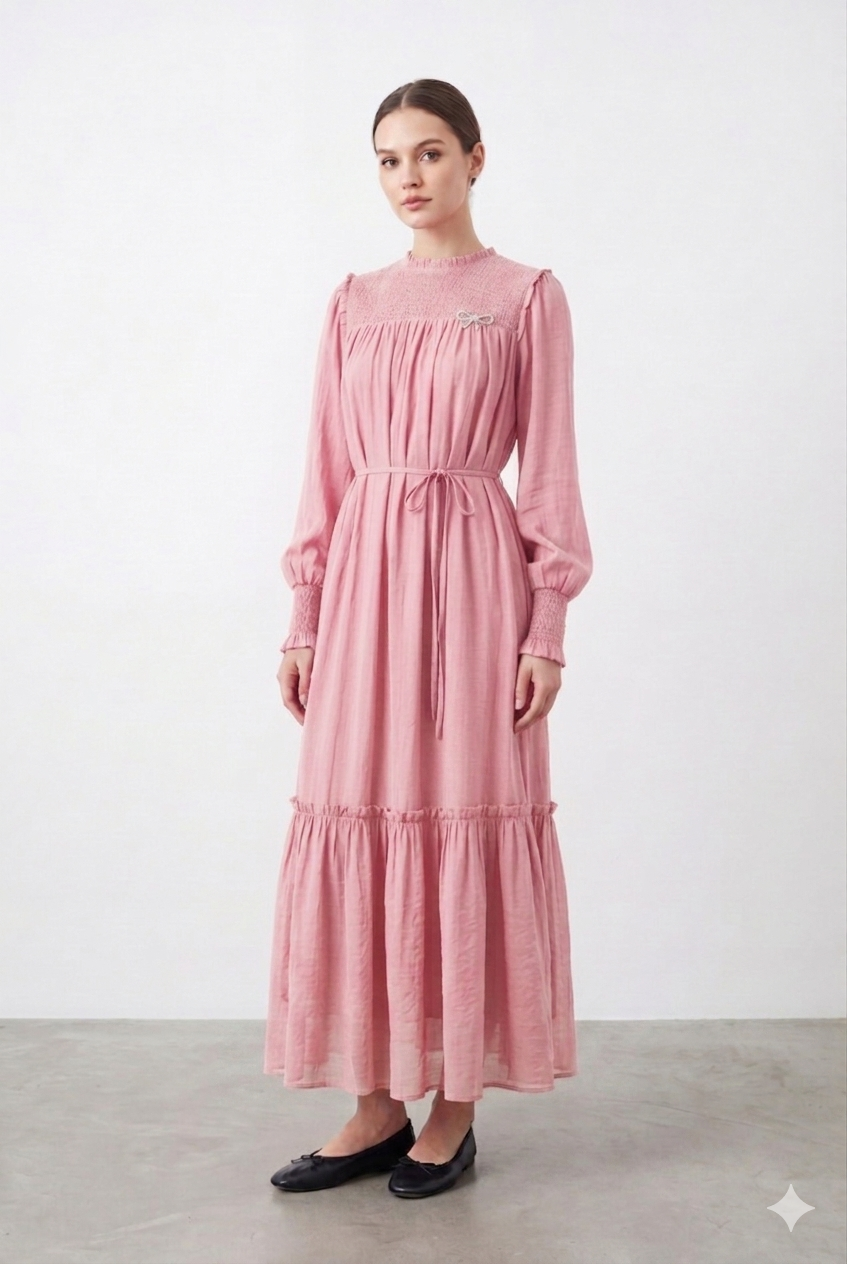 Yakası Fiyonk Broşlu Elbise 12691 - Pembe