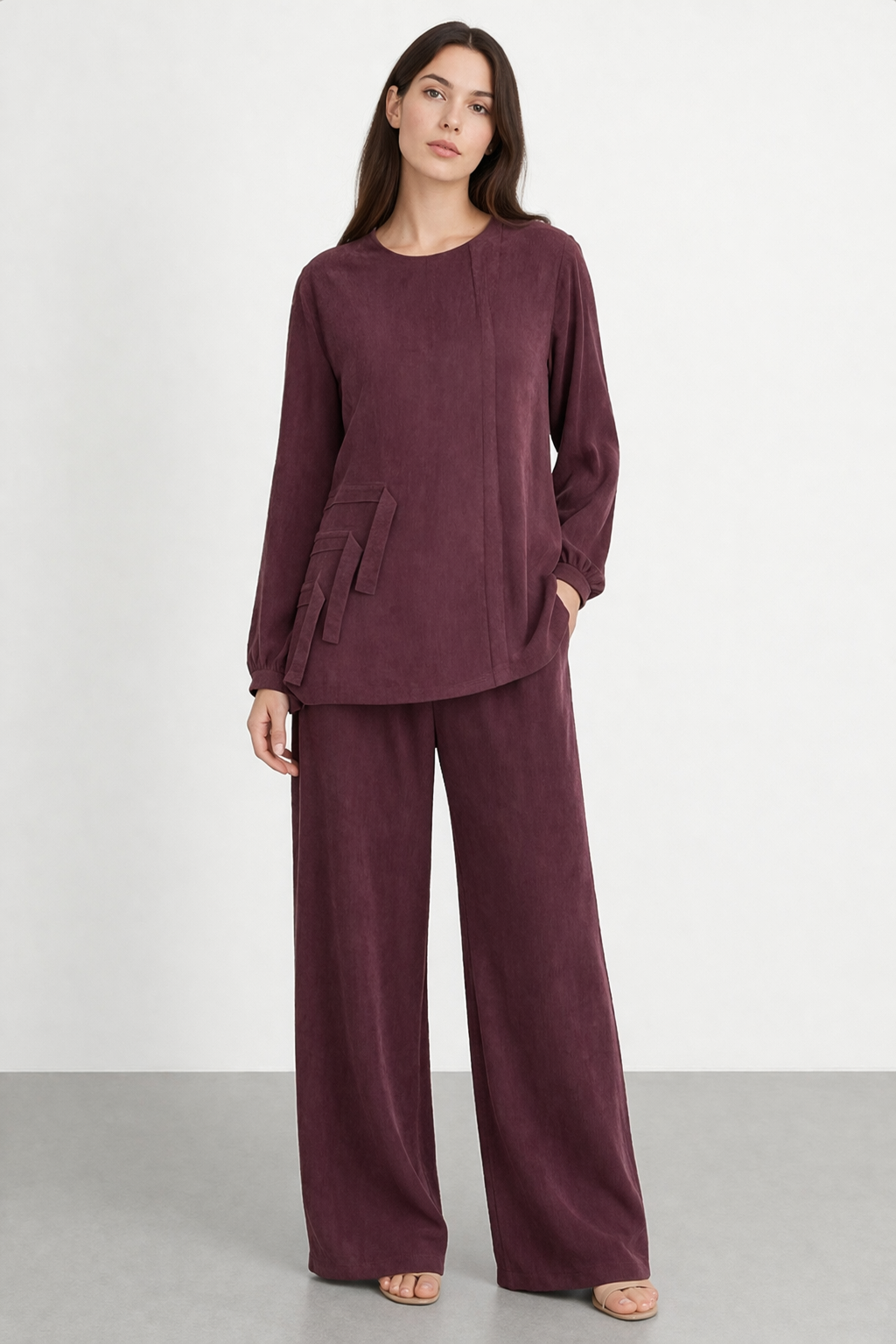 Nuss 1039 Parça Detay Pantolonlu Takım - Mürdüm