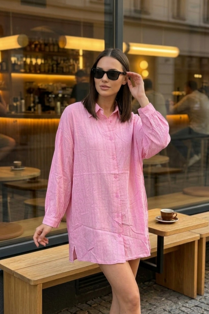 Kendinden Çizgili Basic Gömlek 260513 - Pembe