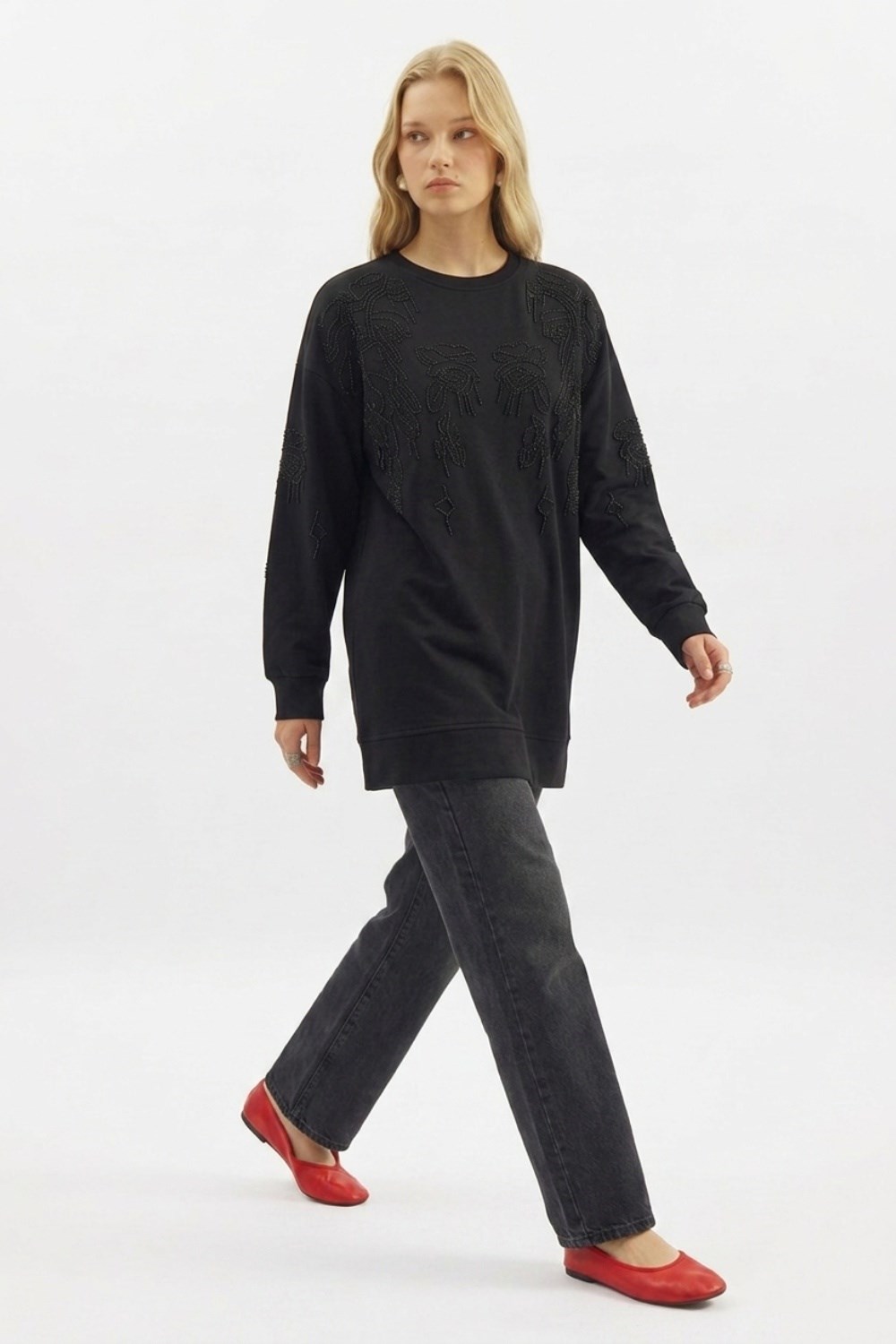 Boncuk Nakış İşlemeli Tunik 0037988 Siyah Tunik İKOLL 