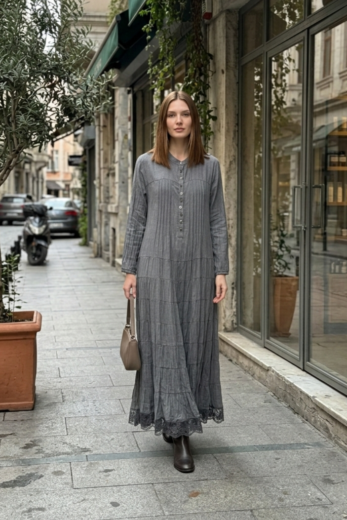 LissMore 6353 Eteği Dantel Detay Elbise - Gri