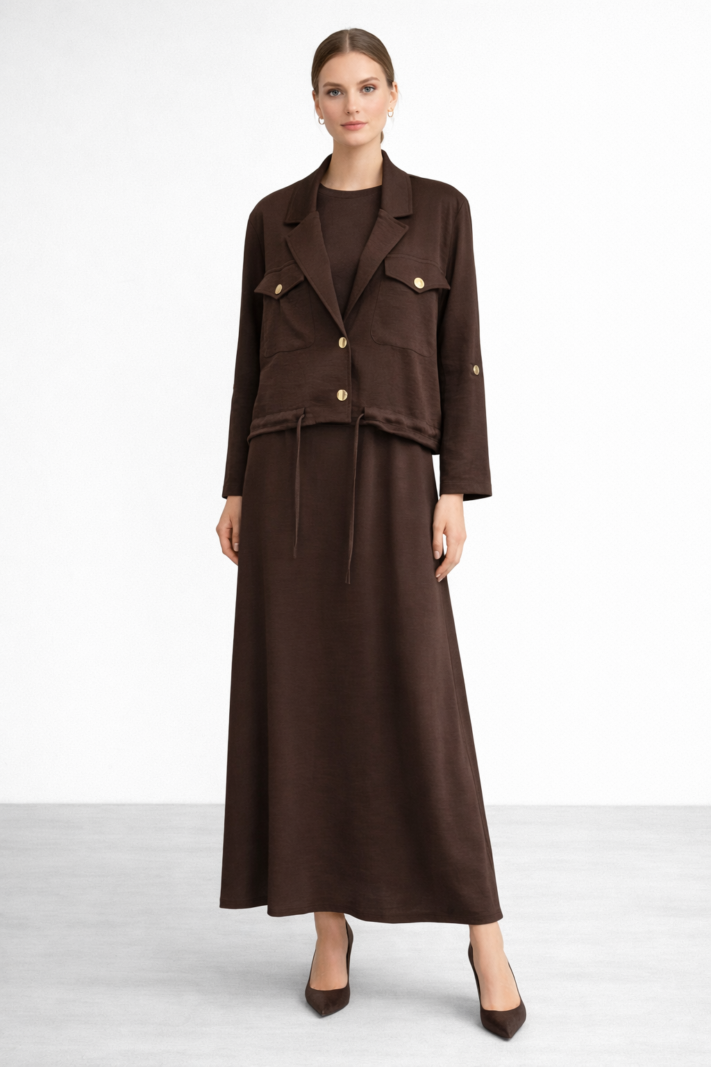 Ceremony 26Y958 Ceketi Çıtçıt Detaylı Kolsuz ElbiSeli Takım - Kahverengi