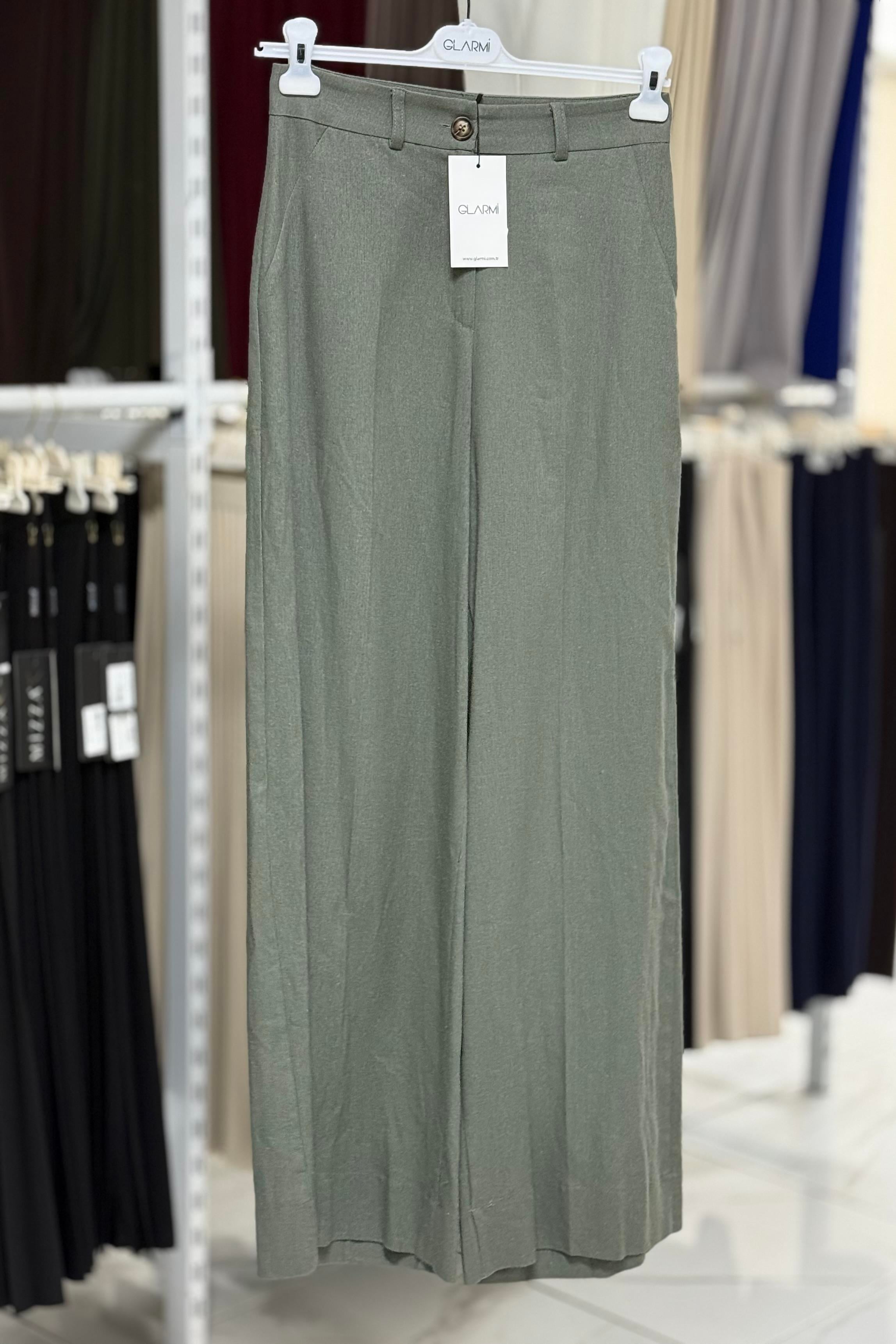 Keten Geniş Paça Pantolon 1004733 - Haki