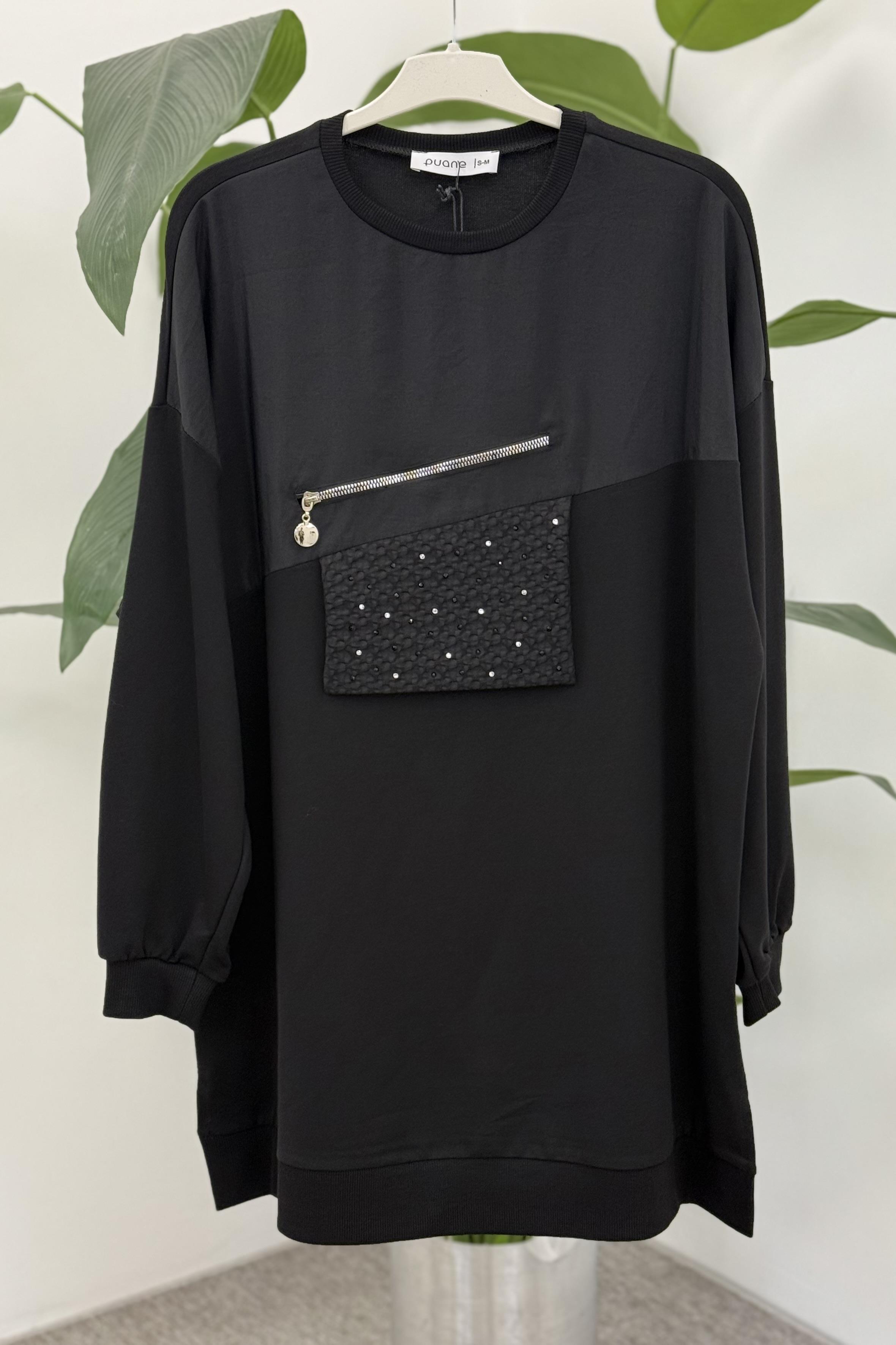 Cep Kapağı Taş İşlemeli Tunik 10768 - Siyah