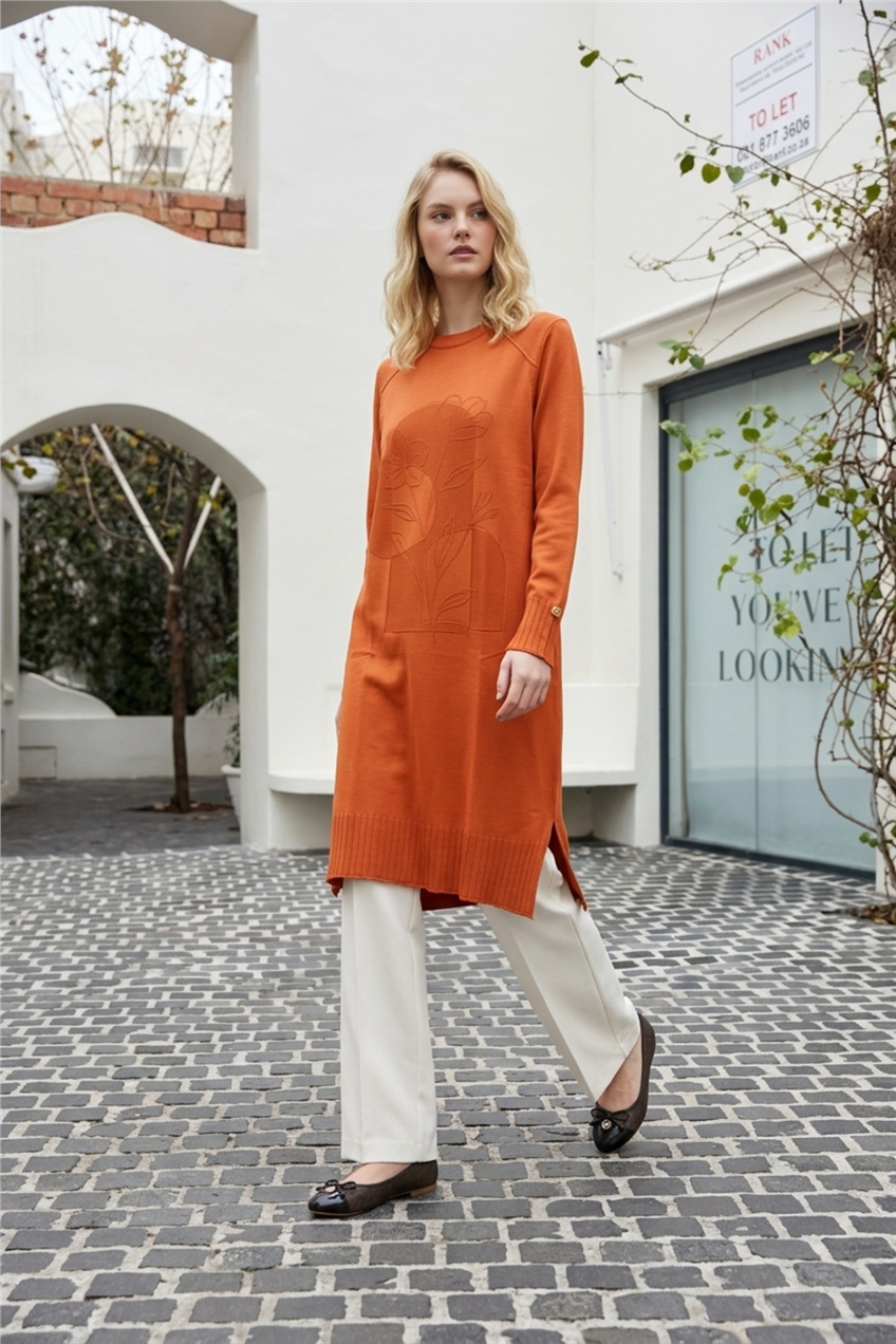 Ön Çiçek Baskılı Tunik 36231 Oranj