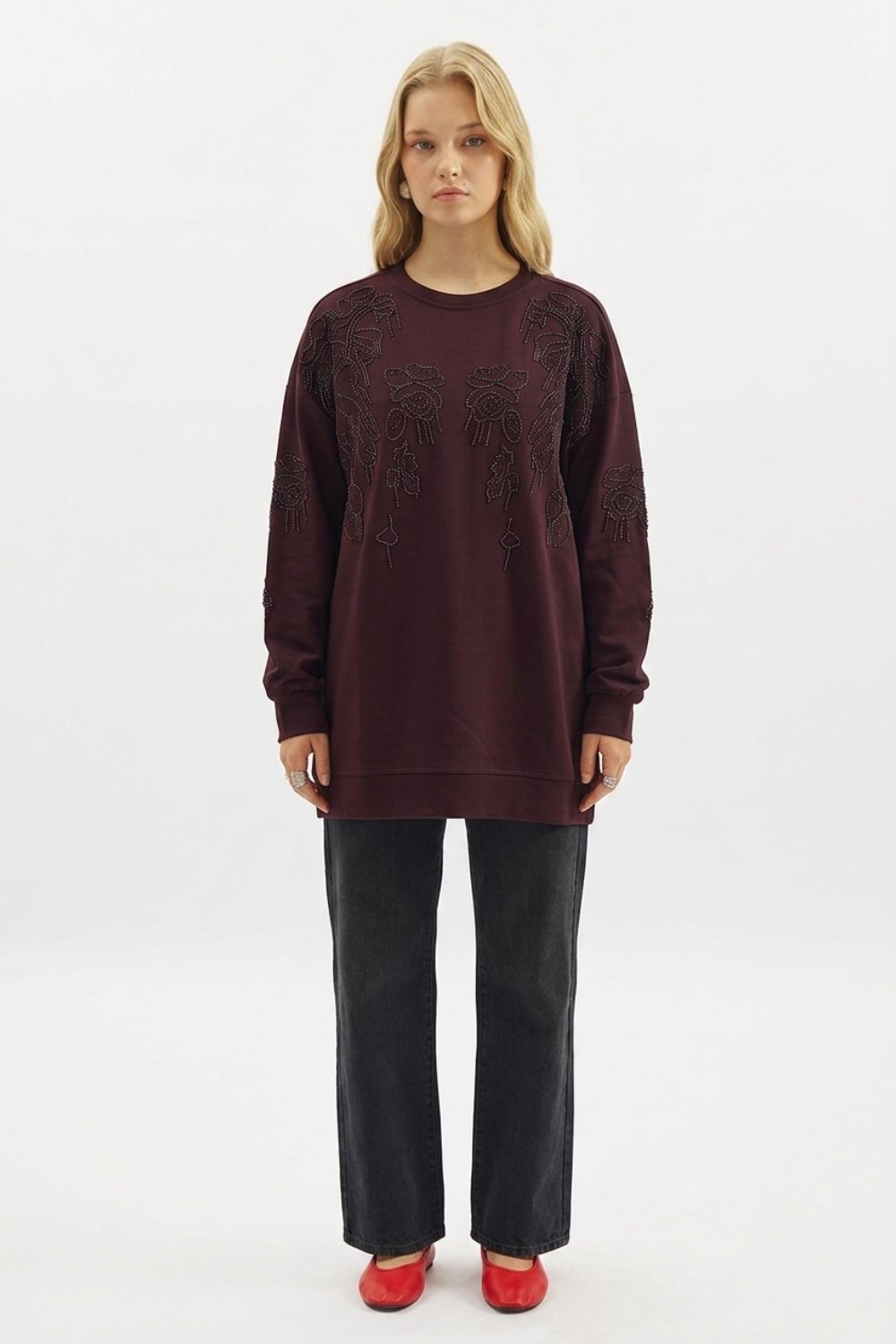 Boncuk Nakış İşlemeli Tunik 0037988 Mürdüm Tunik İKOLL 