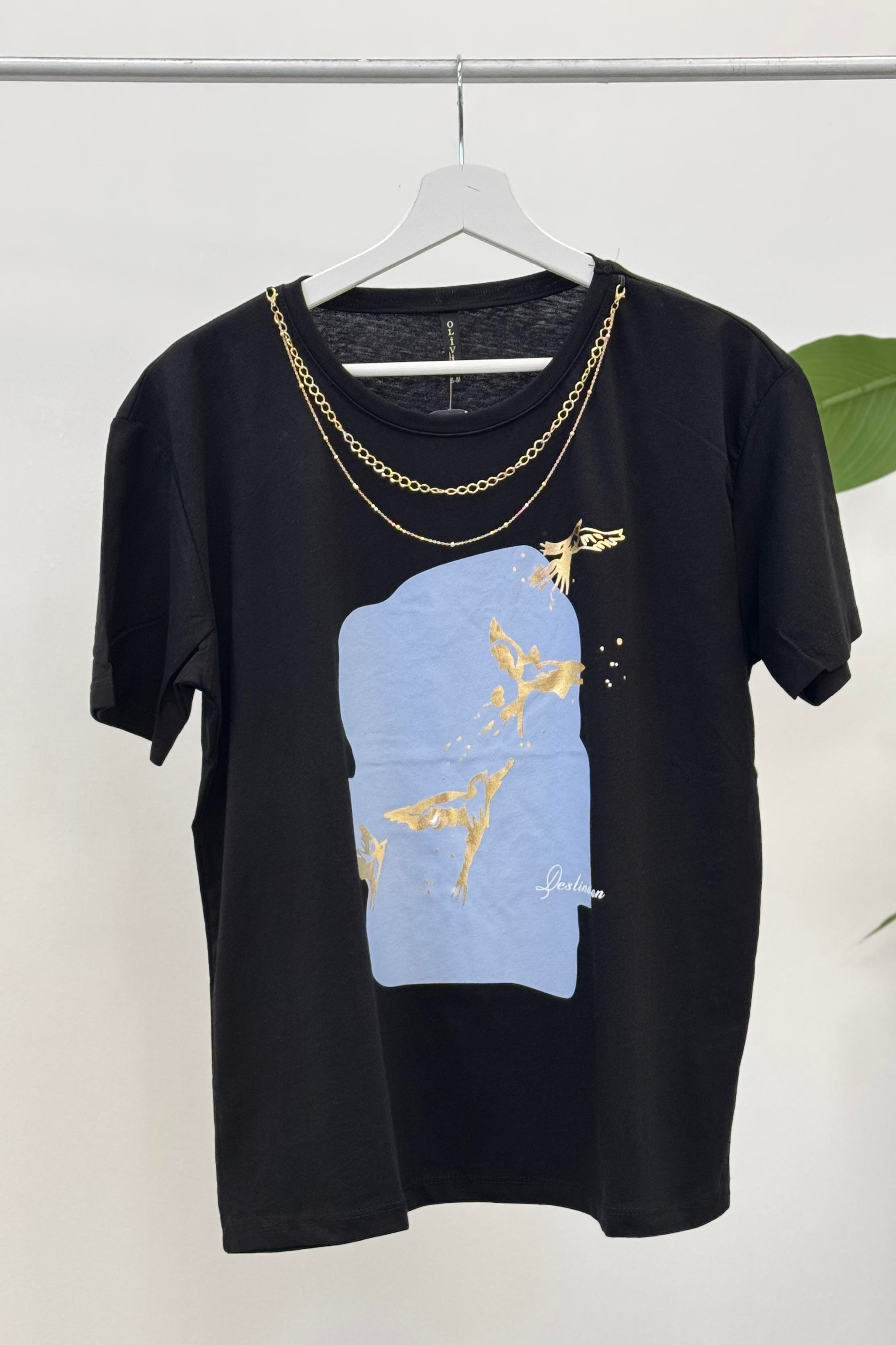 Kolyeli Kuş Detaylı Tshirt 3010 - Siyah