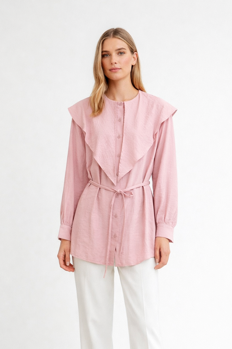 Omuz Pelerinli Kemerli Tunik 0037147 - Pembe