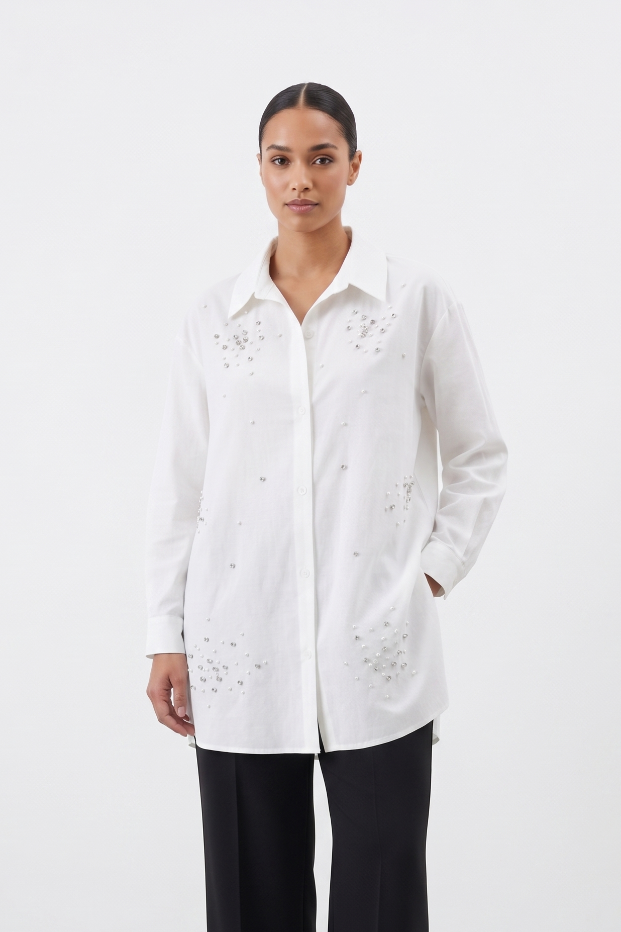 Taş ve Boncuk İşlemeli Büyük Beden Tunik 19261 - Ekru