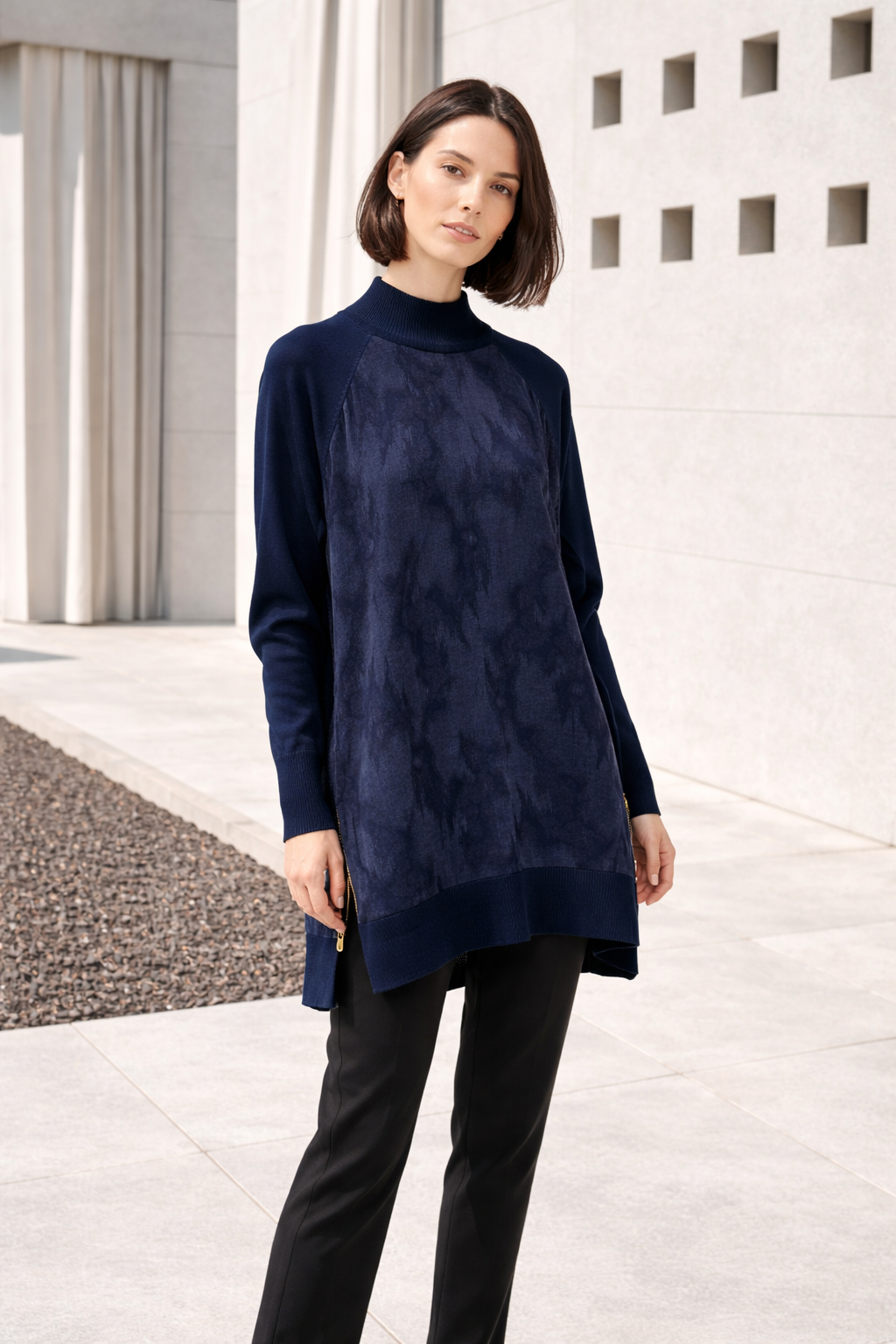 Soyut Desen Yan Fermuar Detay Qupra Tunik 290 - Lacivert