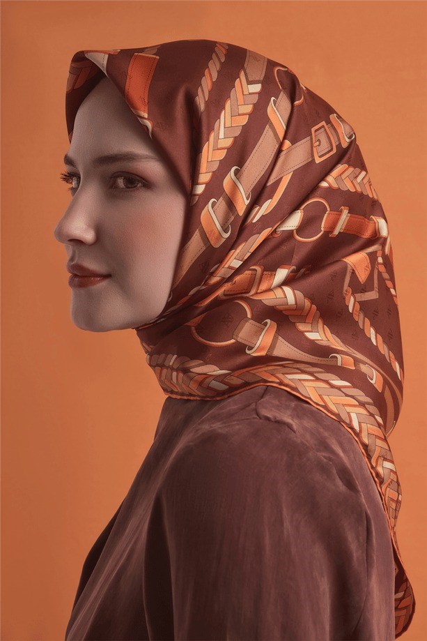 Armine Dj Saf Jakar İpek Eşarp 9607D (J) - Turuncu Eşarp ARMİNE 