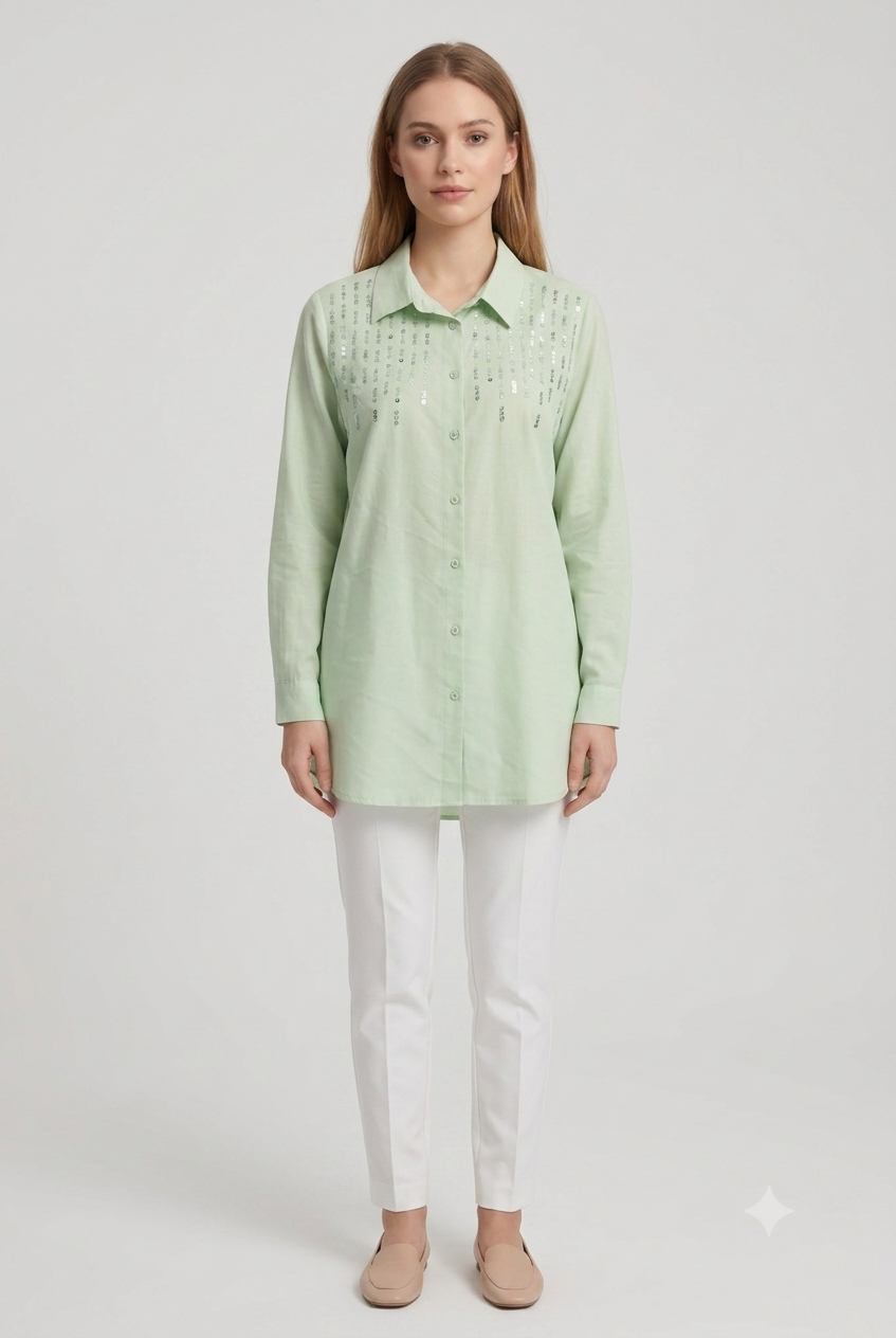 Omuzu Boncuk Detaylı Tunik 10794 - Mint Yeşili