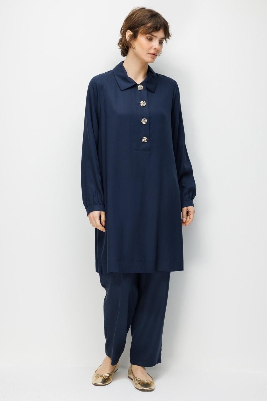 Micca 261831M Düğme Detay Gömlek Yaka Pantolonlu Takım - Lacivert