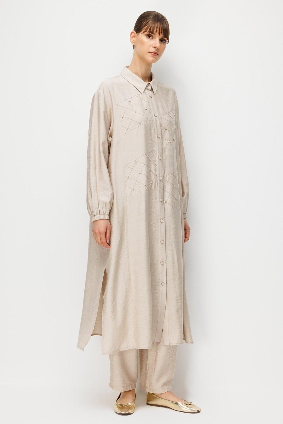 Micca 261864M Elişi Nakış Detaylı Pantalonlu Takım - Taş