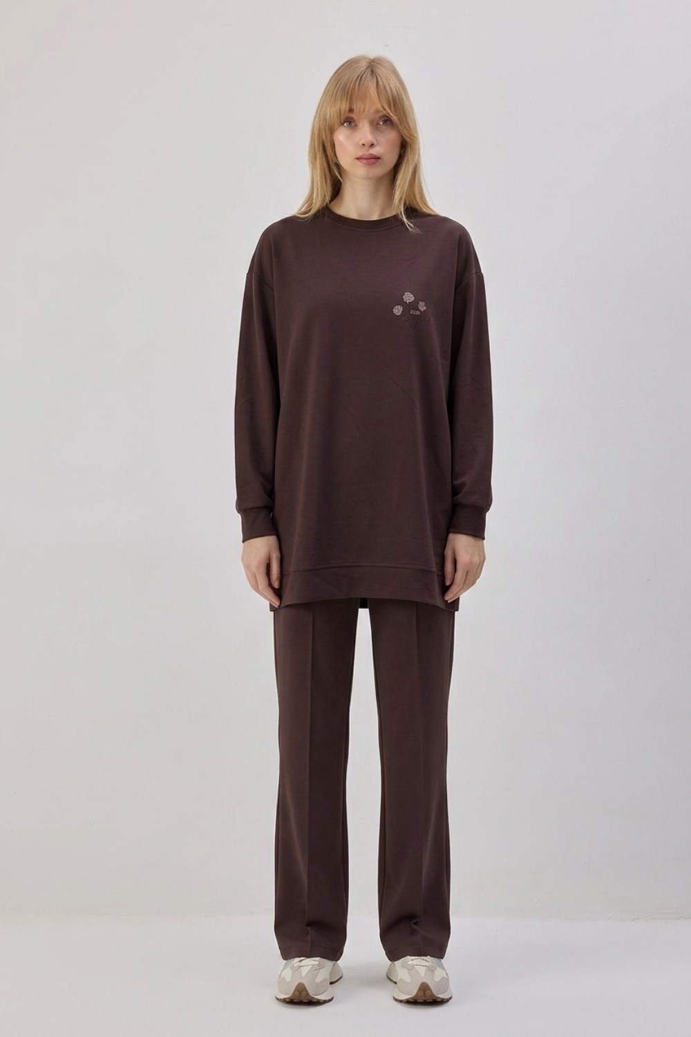 Gül Baskı Detaylı Tunik 0038142 Kahve Tunik İKOLL 