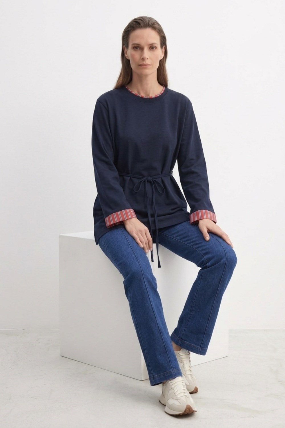 Yaka ve Kolları Çizgi Garnili Tunik 3521 Lacivert Tunik Ekrutex 