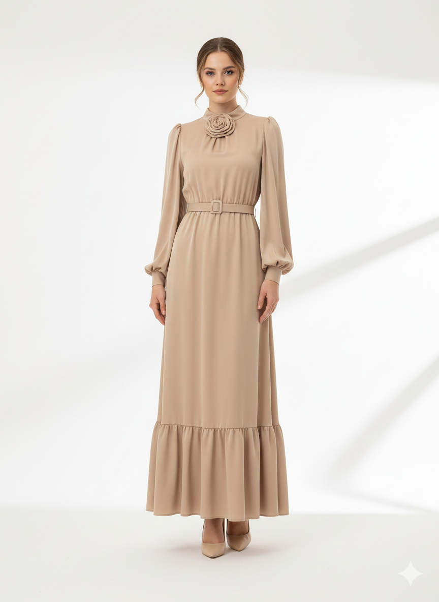 Gül Detaylı Saten Elbise 0032305 - Koyu Bej