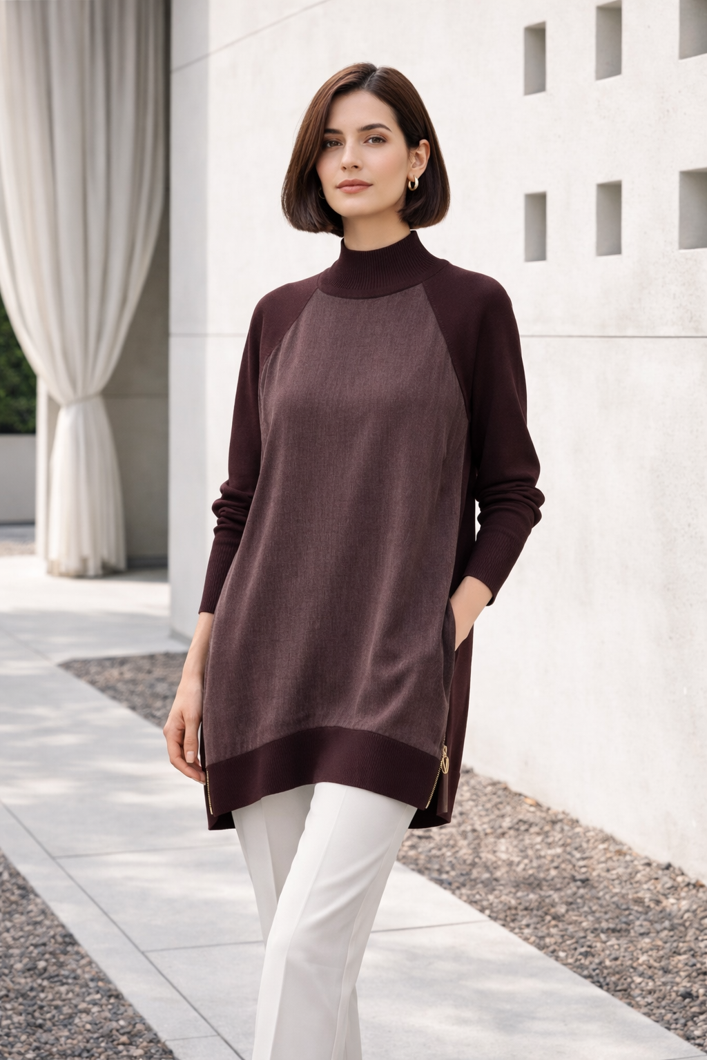 Yan Fermuar Detay Düz Baskılı Qupra Tunik 286 - Kahve