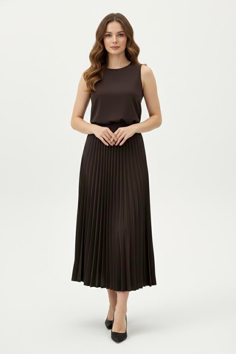 Beli Lastikli Pliseli Etek 3015 - Kahve