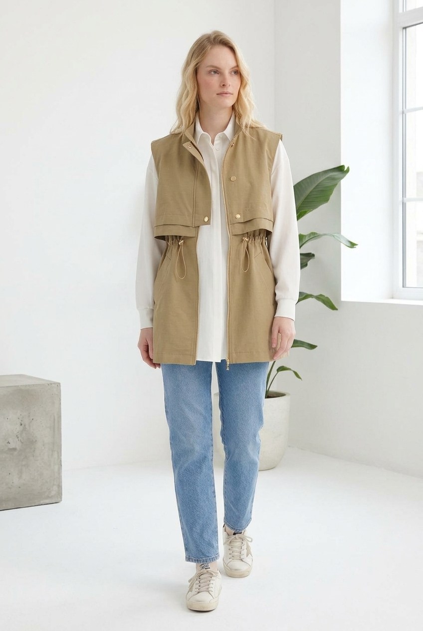 Ön Yarım Pat Detay Yelek 11284 Camel