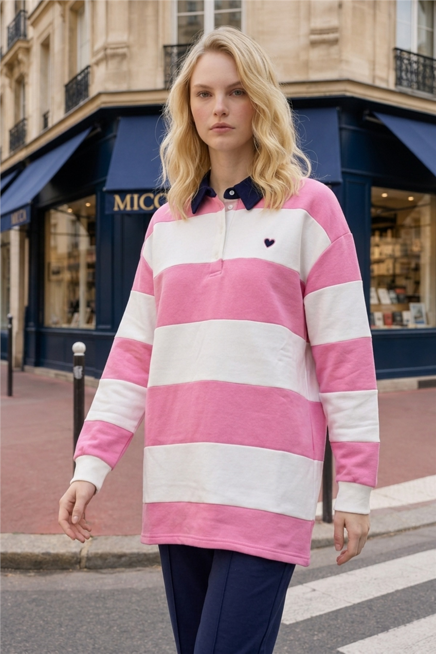 Nakış Detaylı Çizgili Sweat Tunik 3534 Pembe