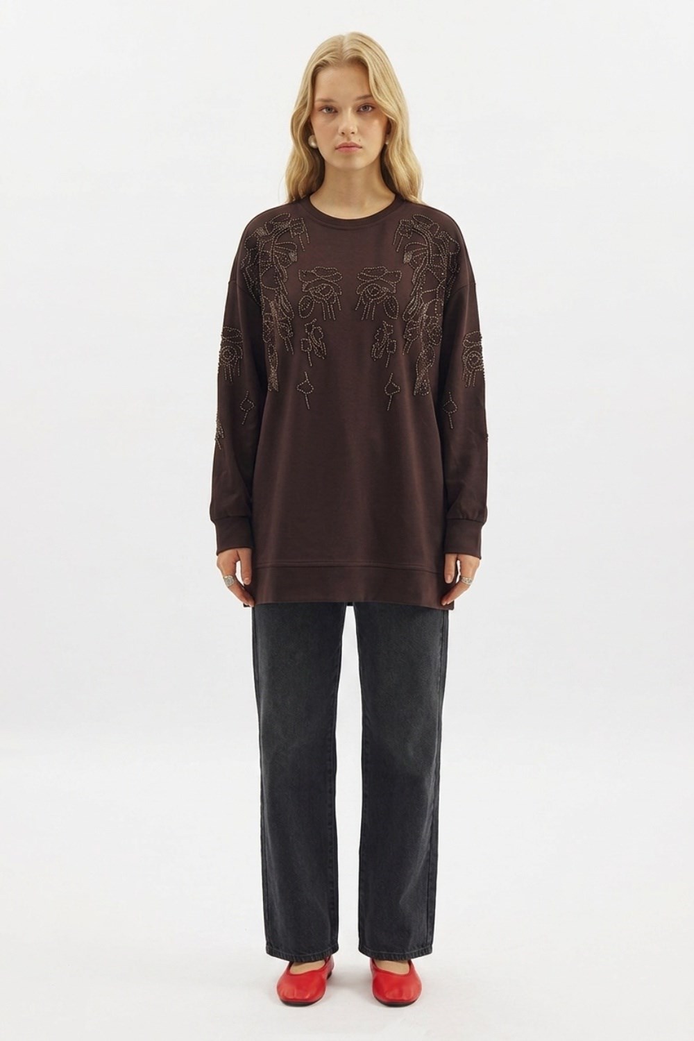 Boncuk Nakış İşlemeli Tunik 0037988 Kahve Tunik İKOLL 