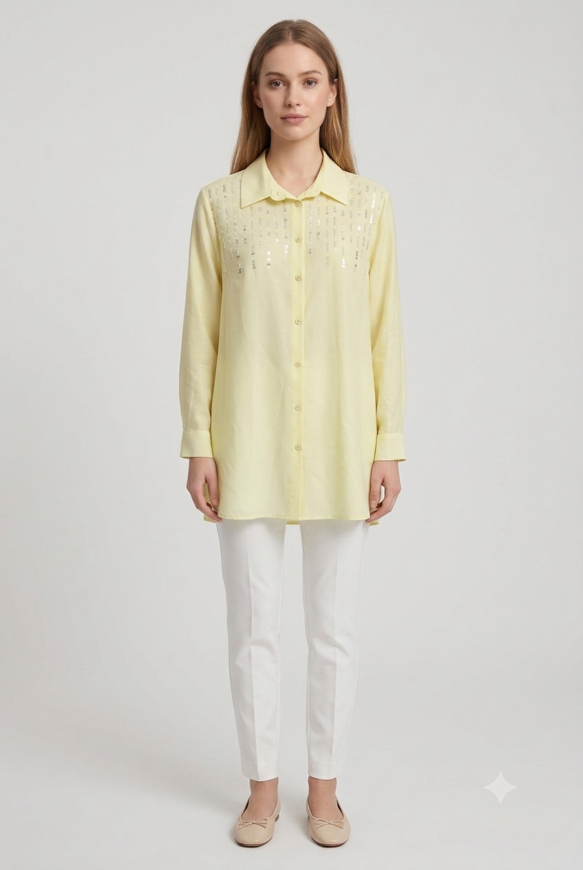 Omuzu Boncuk Detaylı Tunik 10794 - Sarı