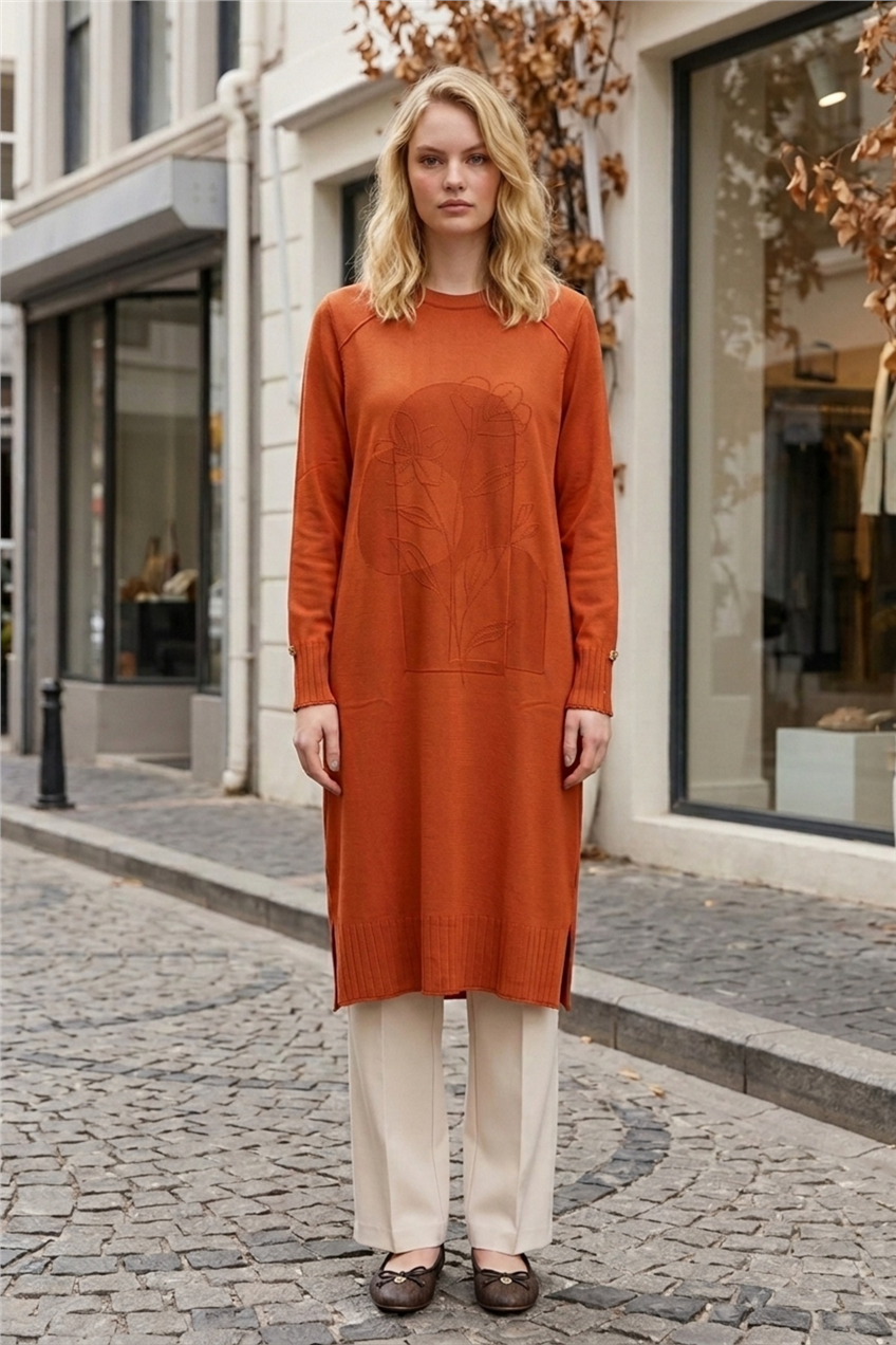 Ön Çiçek Baskılı Tunik 36231 Oranj