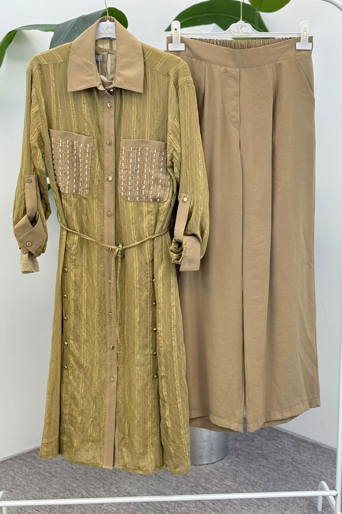 Uzun Tunik Detay Üçlü Pantolonlu Takım 1557 - Olive