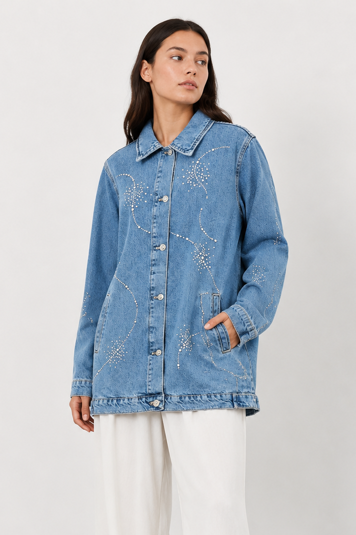 Taş Baskılı Denim Ceket 0033850 - Mavi