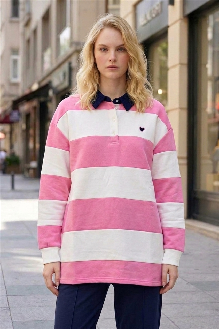 Nakış Detaylı Çizgili Sweat Tunik 3534 Pembe