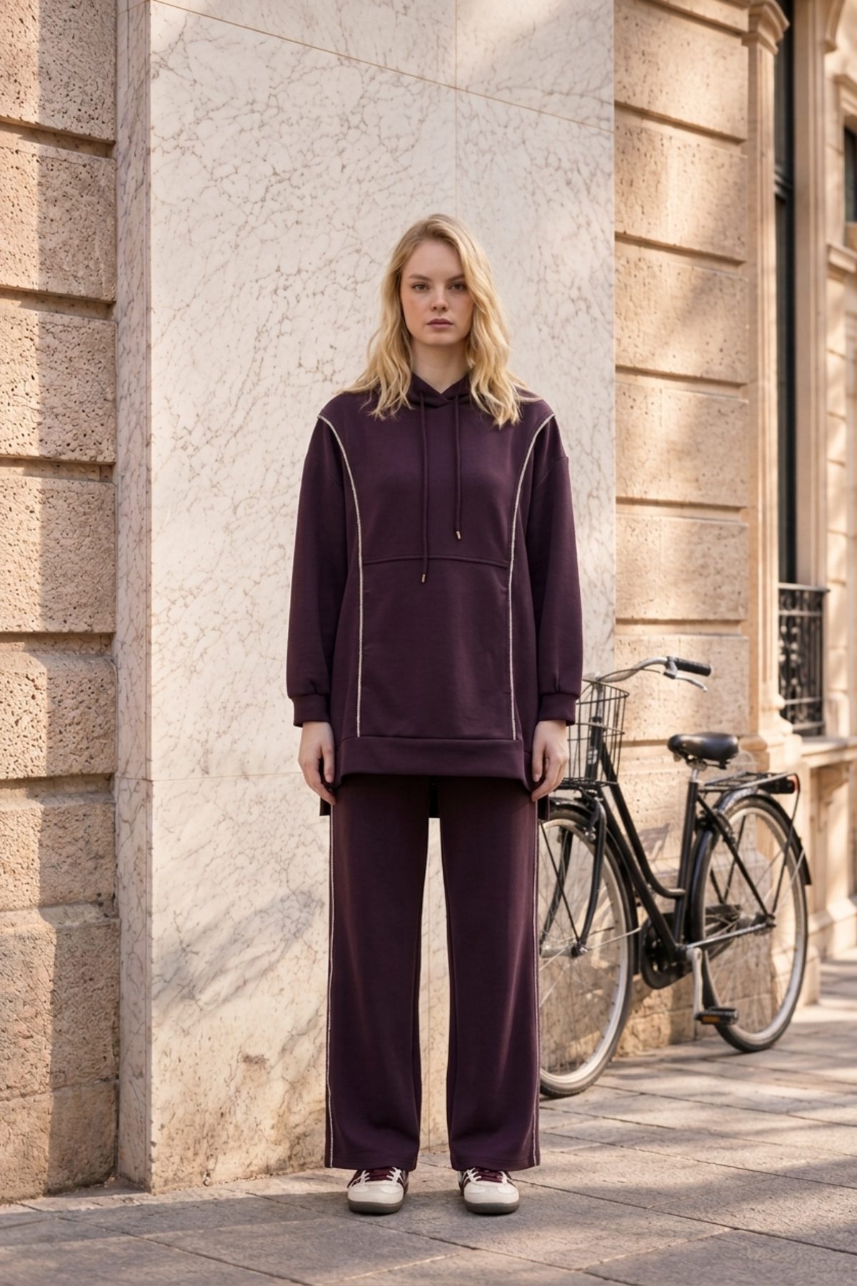Nuss 1051 Yanları Sim İp Detay Pantolonlu Takım Mürdüm