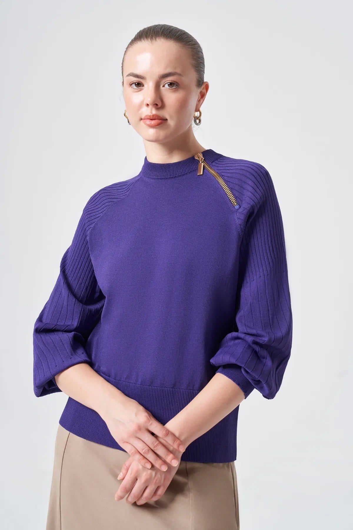 Nuss 205 Omuz Fermuar Detay Bluz Mor Tunik NUSS 