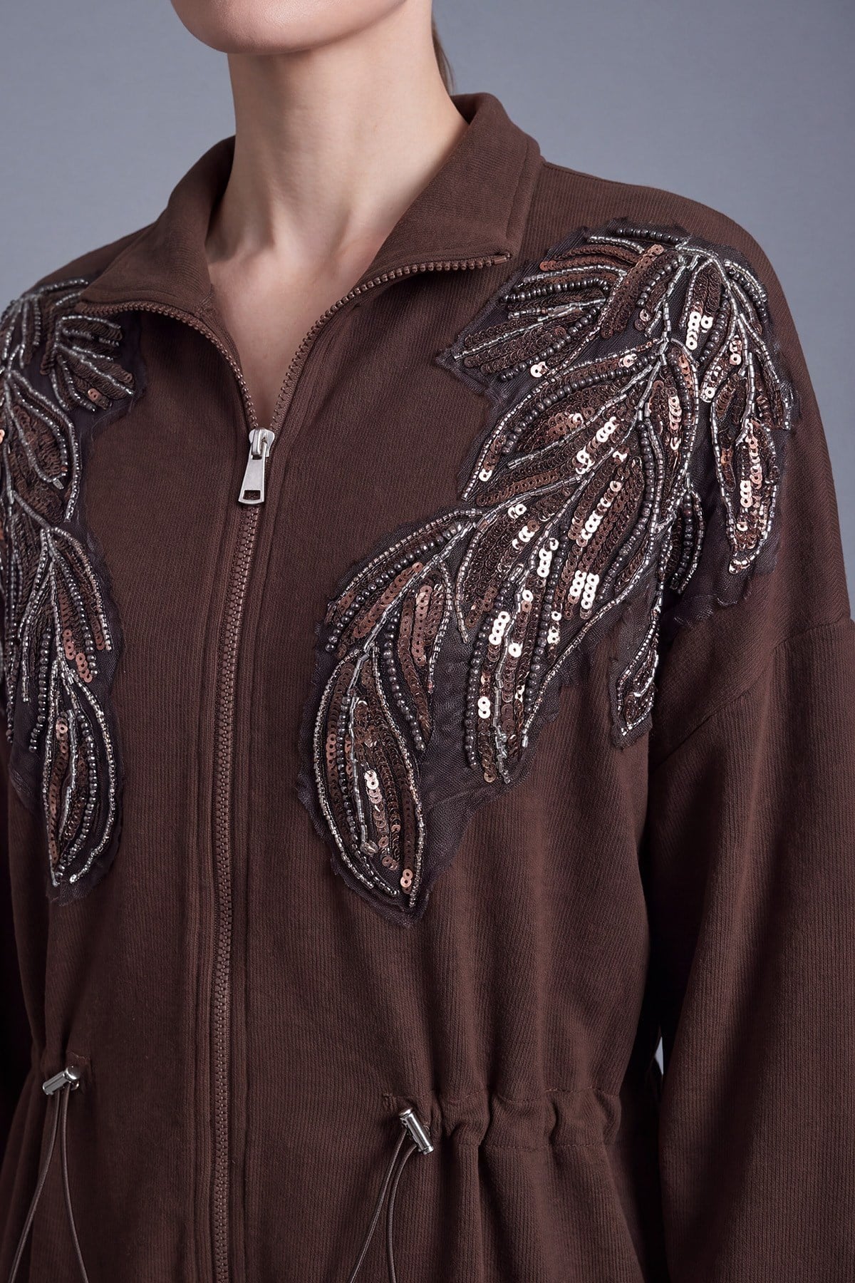 Payet İşlemeli Büzgülü Tunik 10836 Browni