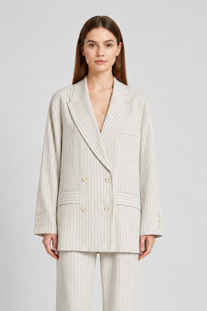 Oversize Çizgili Ceket 0035482 - Bej