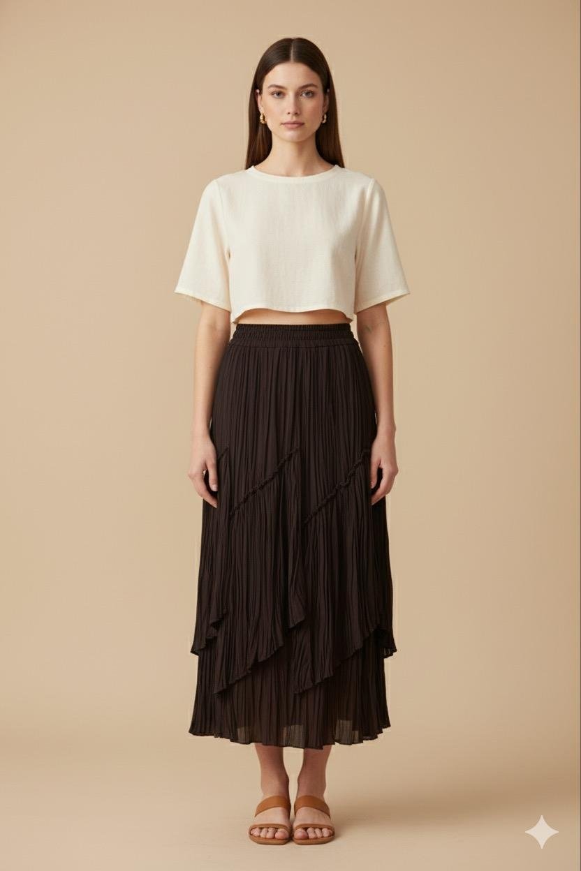 Sentez 5475 Viola Parçalı Kırıştırma Etek - Kahve