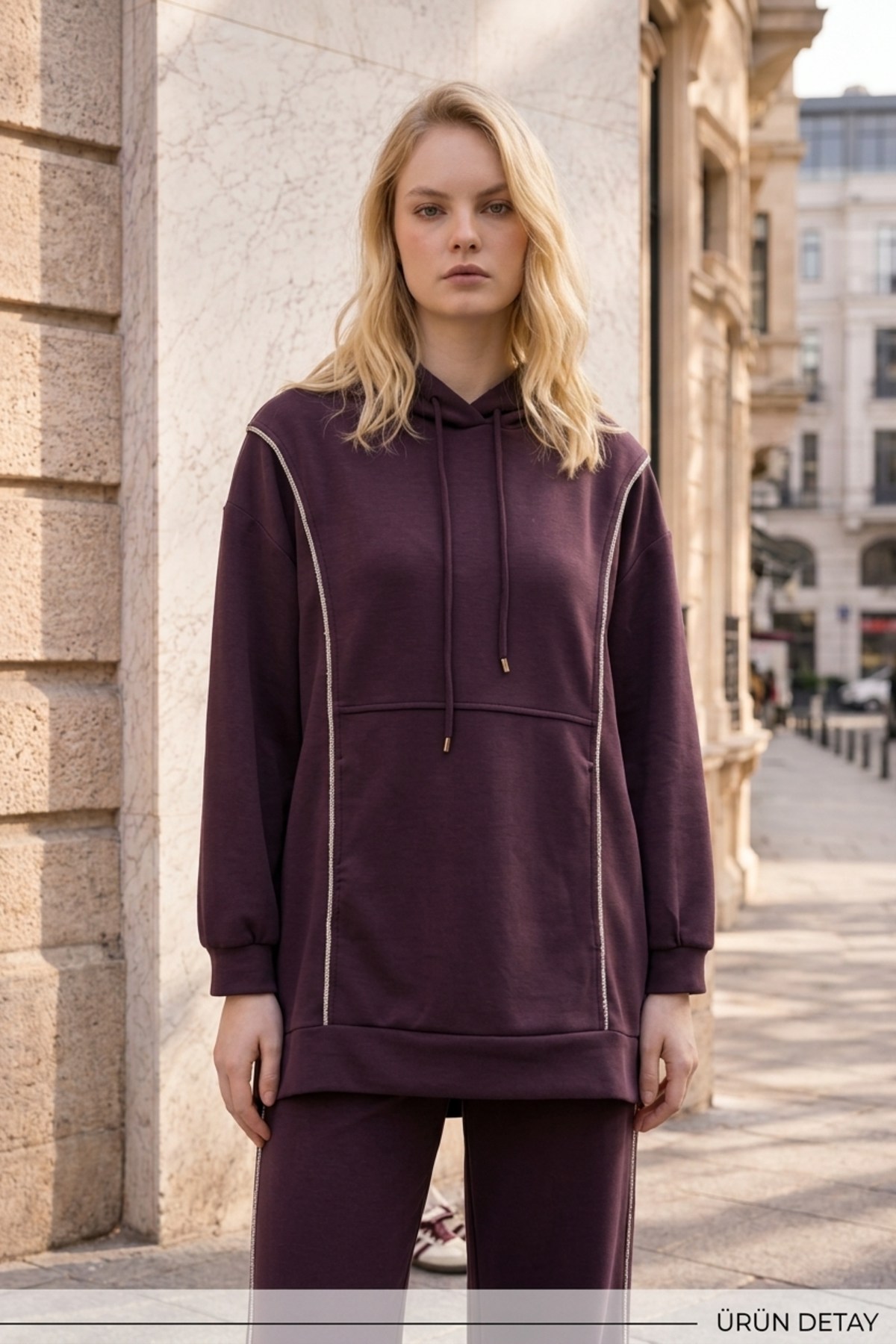 Nuss 1051 Yanları Sim İp Detay Pantolonlu Takım Mürdüm