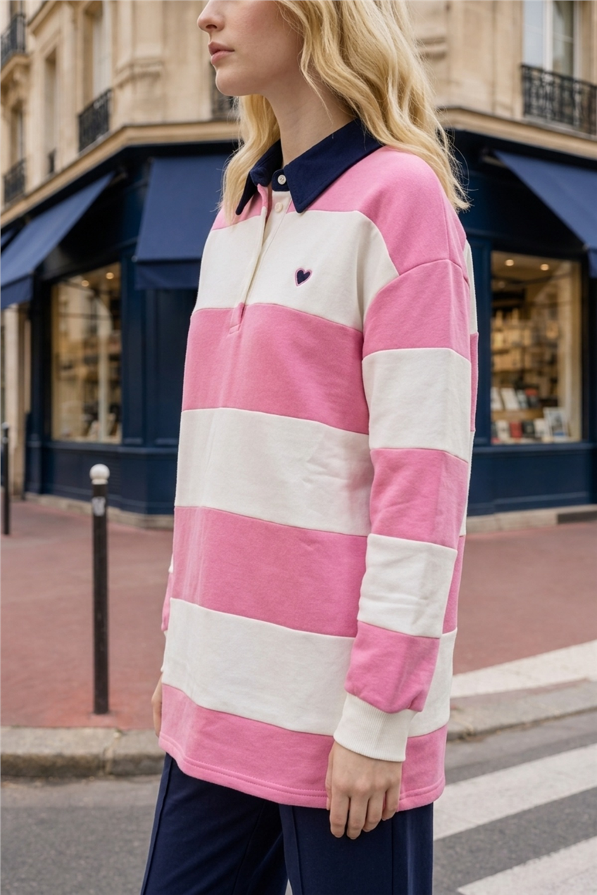 Nakış Detaylı Çizgili Sweat Tunik 3534 Pembe