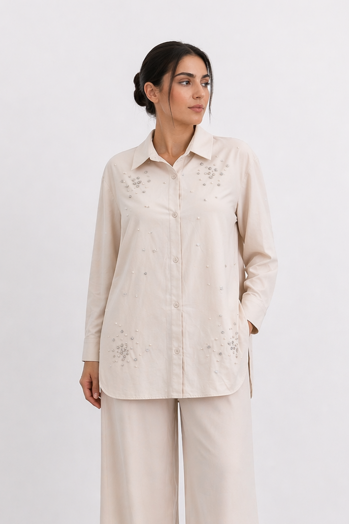 Taş ve Boncuk İşlemeli Büyük Beden Tunik 19261 - Bej