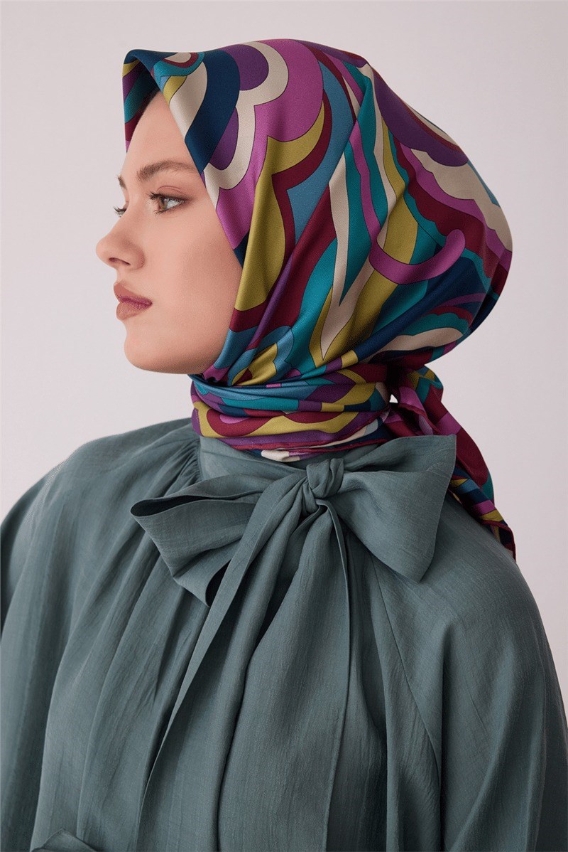 Belli 4414 Dalga Katmanları Soyut %100 Twill İpek Eşarp Mürdüm Eşarp BELLI 