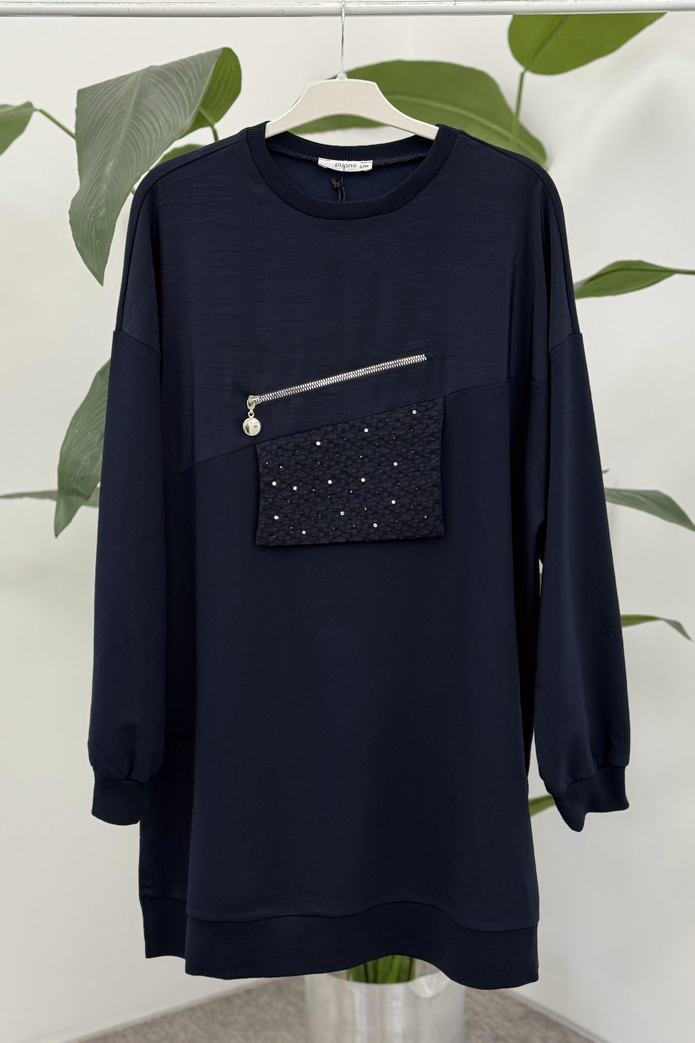 Cep Kapağı Taş İşlemeli Tunik 10768 - F.Navy