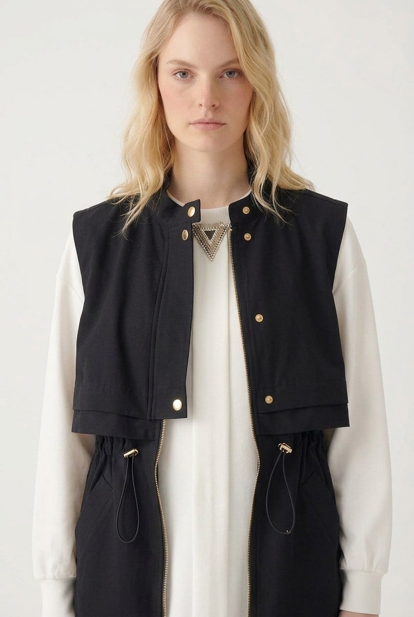 Ön Yarım Pat Detay Yelek 11284 Siyah